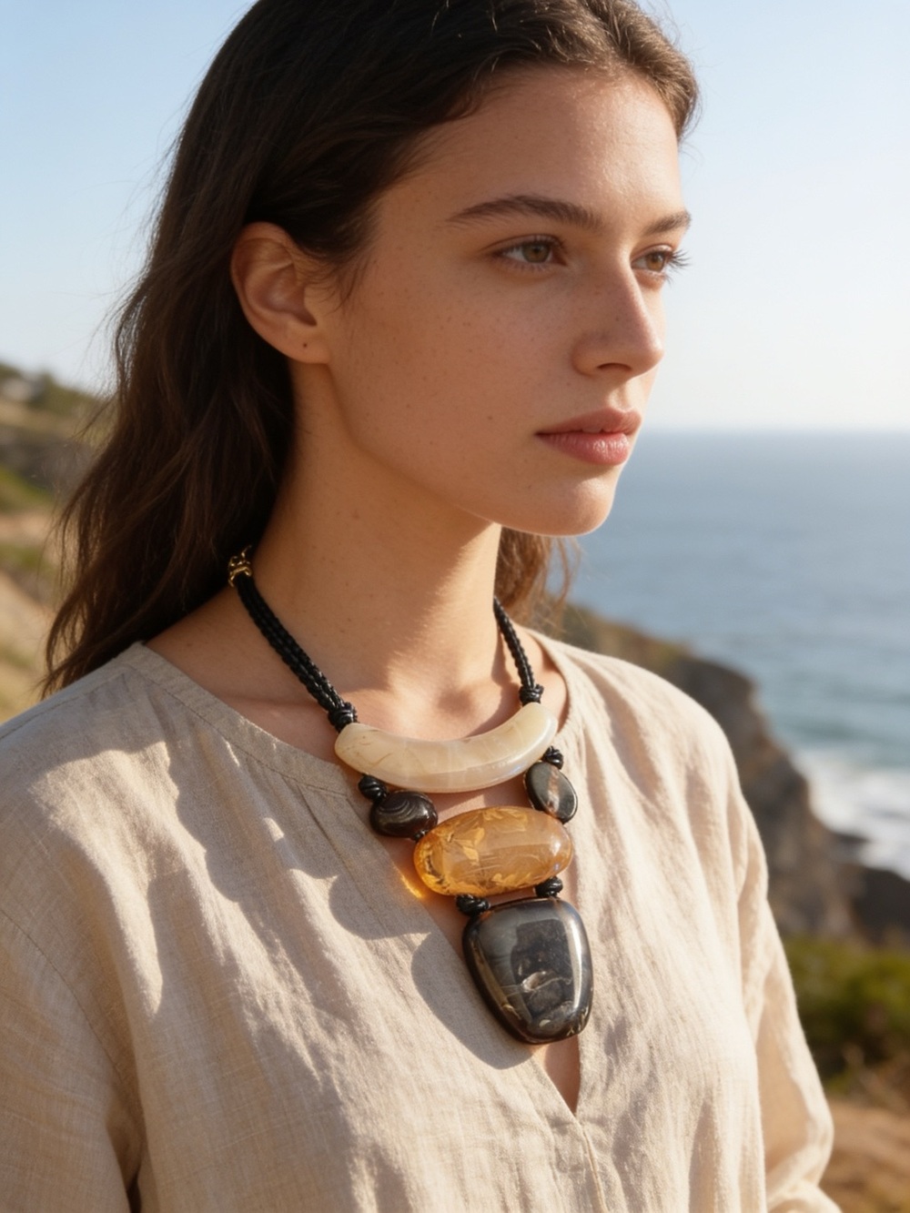 Statement Multistone Resin Pendant Necklace in Cream, Amber & Black - Picture 2 of 8